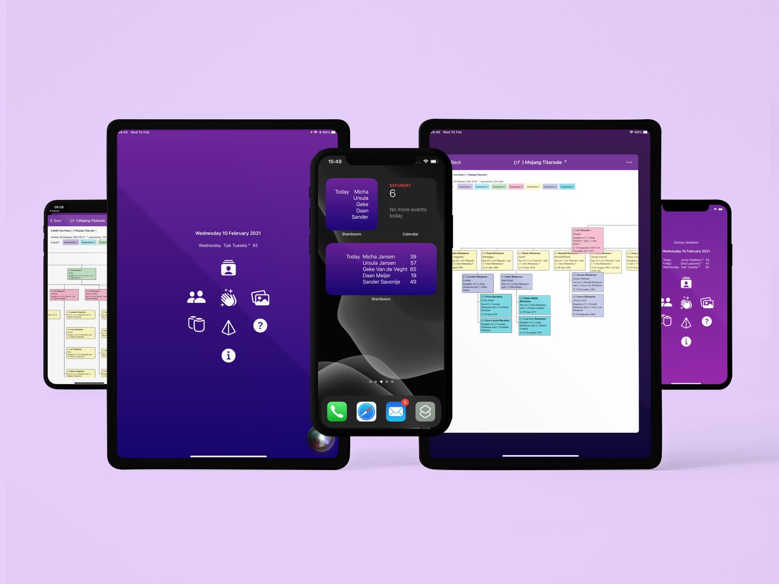 Gramps app running on iPad, iPhone, and MacBook — family tree view, Home Screen birthday widget, and dark home screen