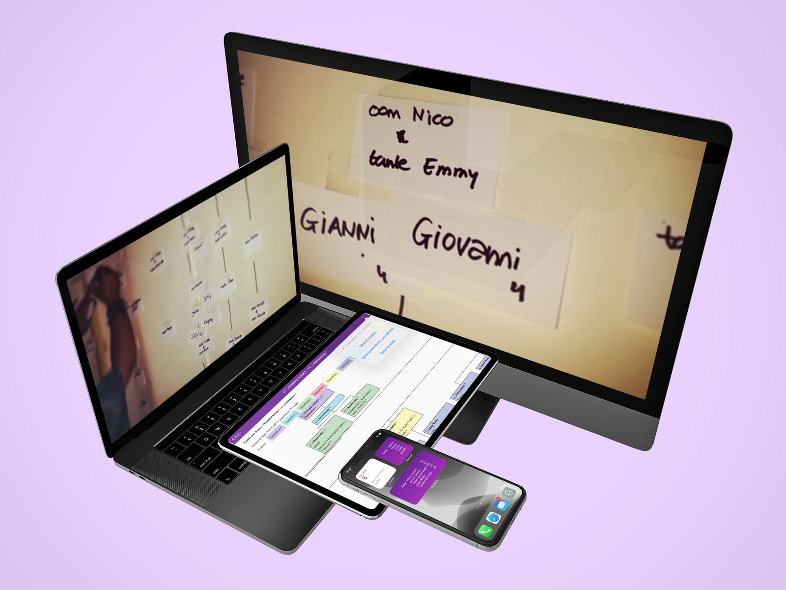 Gramps family tree app displayed across a desktop Mac, MacBook, and iPhone, with a paper family tree on the wall behind