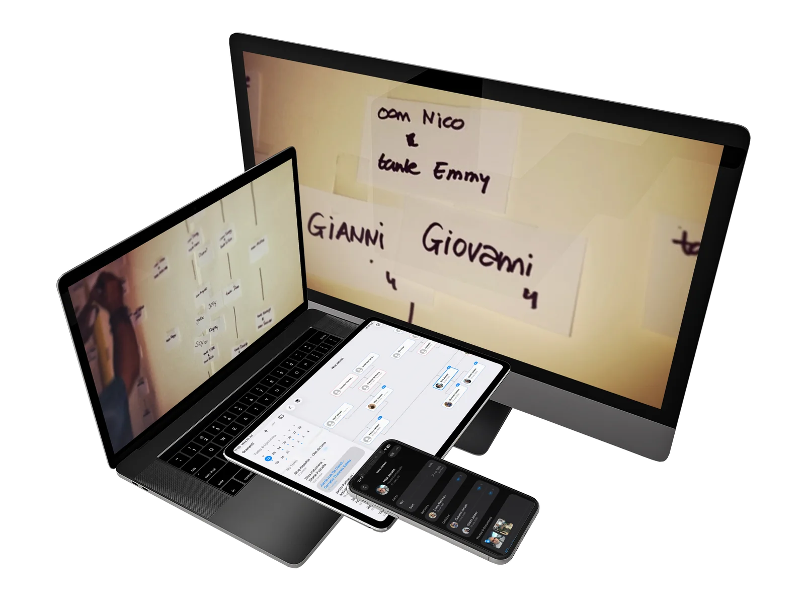Handwritten family-tree notes taped to a wall, shown on a desktop and laptop screen, next to the same family digitized in Gramps2 on iPad and iPhone