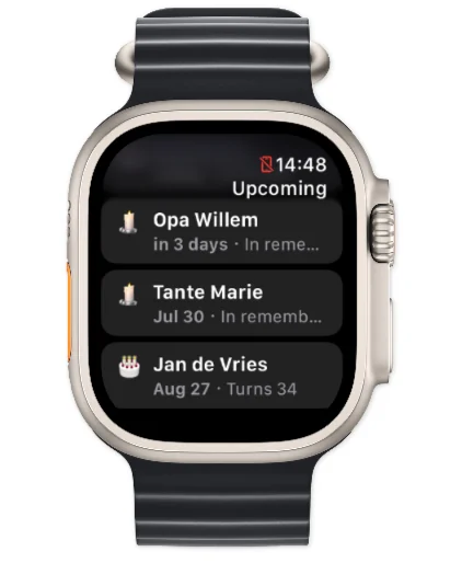Apple Watch showing the Gramps2 Upcoming list with remembrance days and a birthday