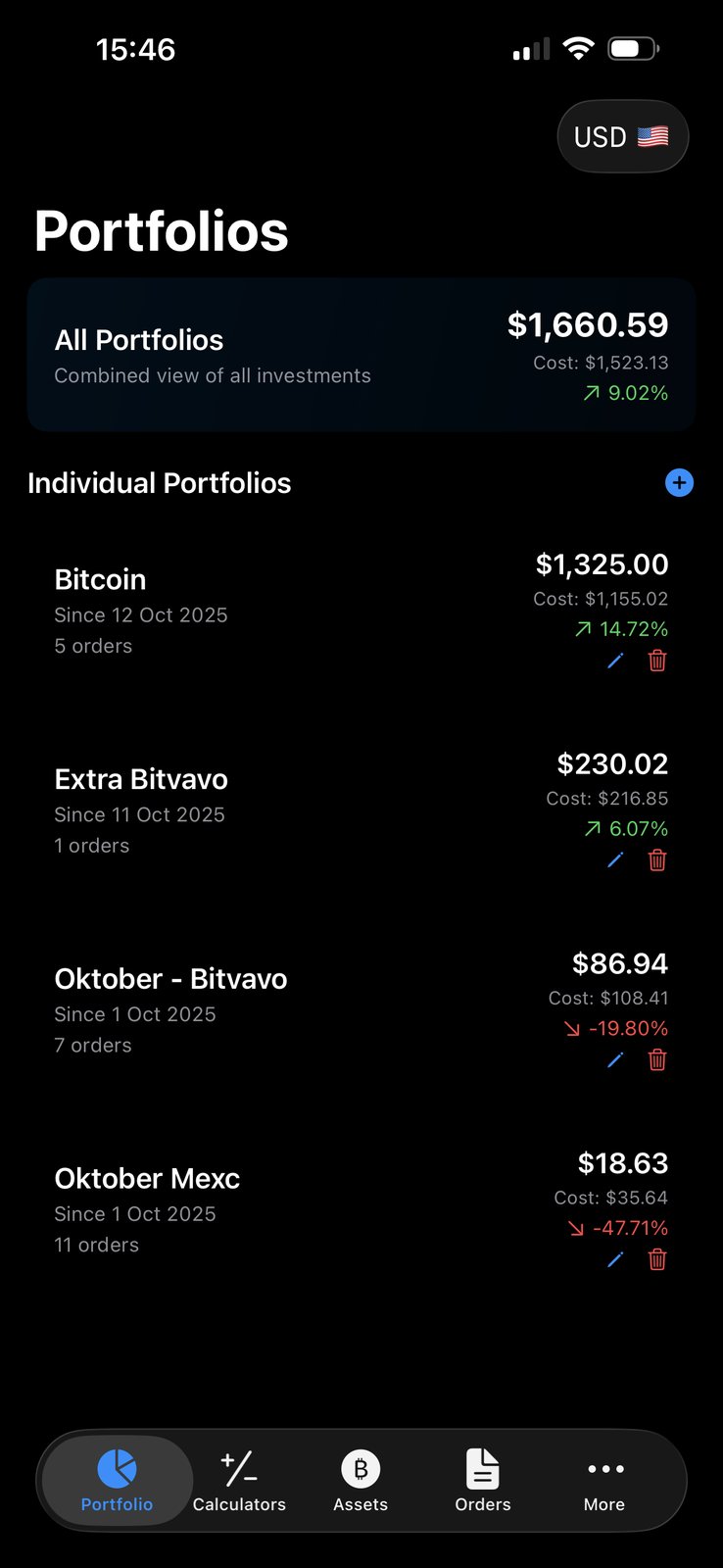MiNance portfolio overview showing total value and asset allocation
