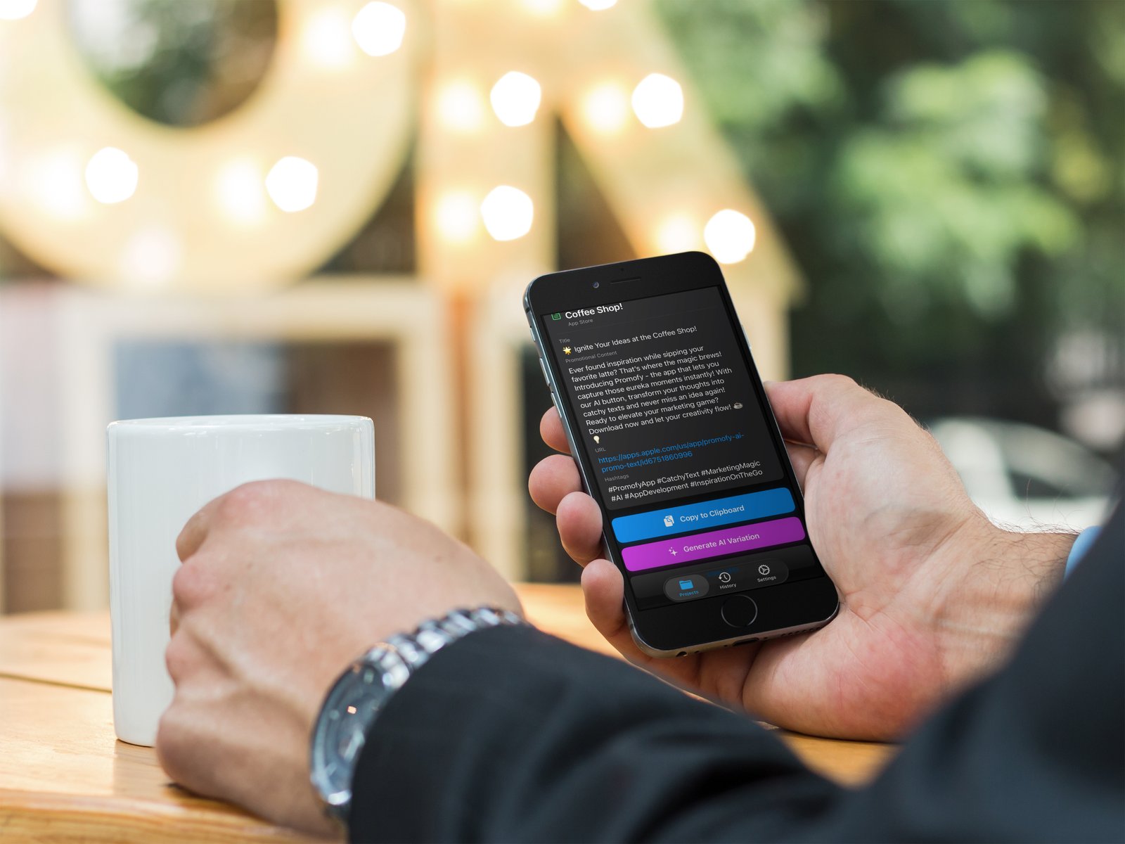 Entrepreneur using Promofy on iPhone at a coffee shop to capture a promotional idea
