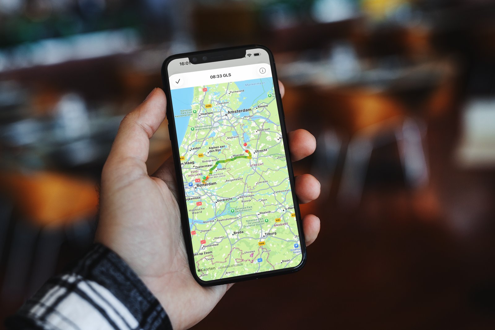 RitMeister app on iPhone showing a logged trip route on a map of the Netherlands