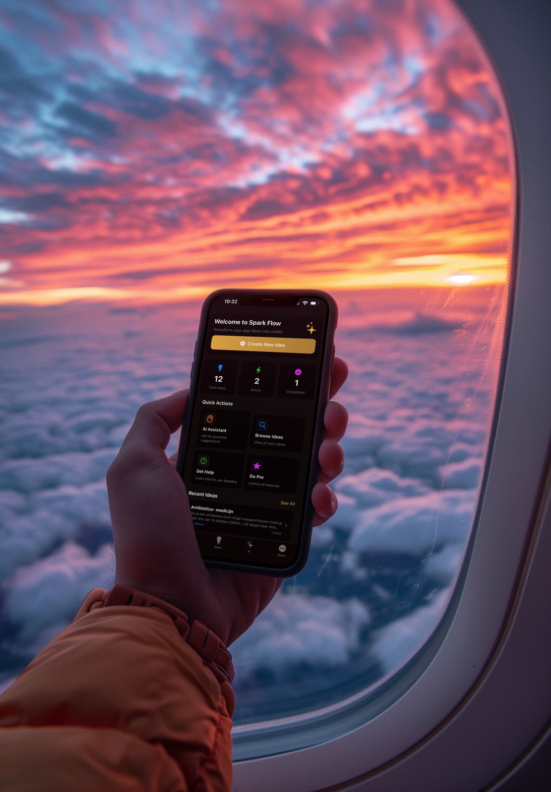 Spark Flow app on iPhone held up against a sunset view from an airplane window, showing the welcome dashboard